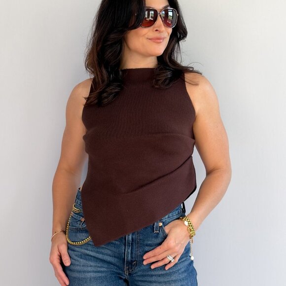 Women's Chocolate Brown Asymmetrical Mock Neck Knit Top - Picture 4 of 8